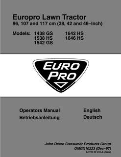 John Deere Europro 96, 107, 117 cm; 1438 GS; 1542 GS; 1538 HS; 1642 HS; 1646 HS Lawn tractor Operator manual OMGX10223 — actual manual cover