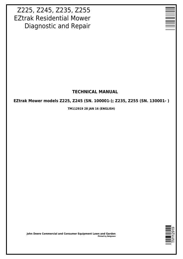 John Deere EZtrak Z225, Z245, Z235, Z255 Residential Mower Technical Manual TM112919 — actual manual cover
