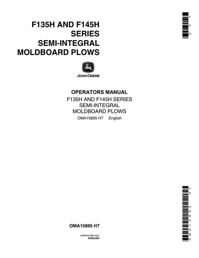 John Deere F135H; F145H Moldboard plow Operator manual OMA15895 — actual manual cover