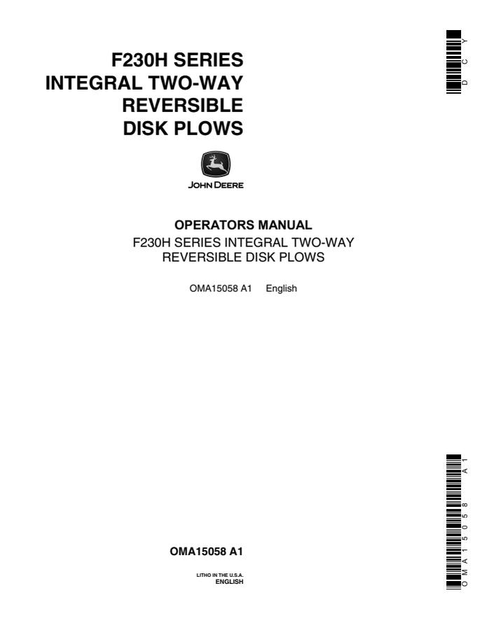 John Deere F230H Series Disk plow Operator manual OMA15058 — actual manual cover
