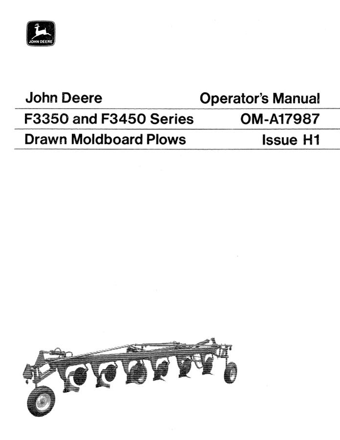 John Deere F3350; F3450 Series Moldboard plow Operator manual OM-A17987 — actual manual cover