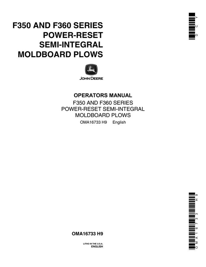 John Deere F350; F360 Moldboard plow Operator manual OMA16733 — actual manual cover