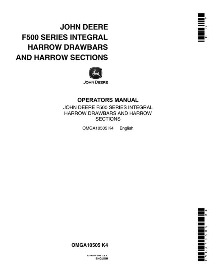 John Deere F500 Series Harrow drawbar and sections Operator manual OMGA10505 — actual manual cover