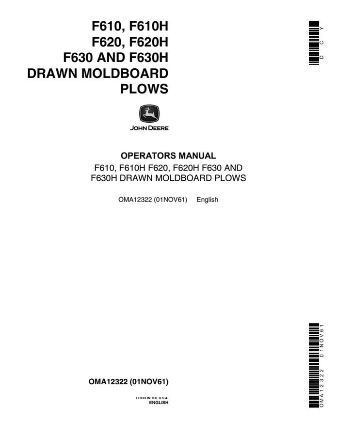 John Deere F610; F610H; F620; F620H; F630; F630H Moldboard plow Operator manual OMA12322 — actual manual cover