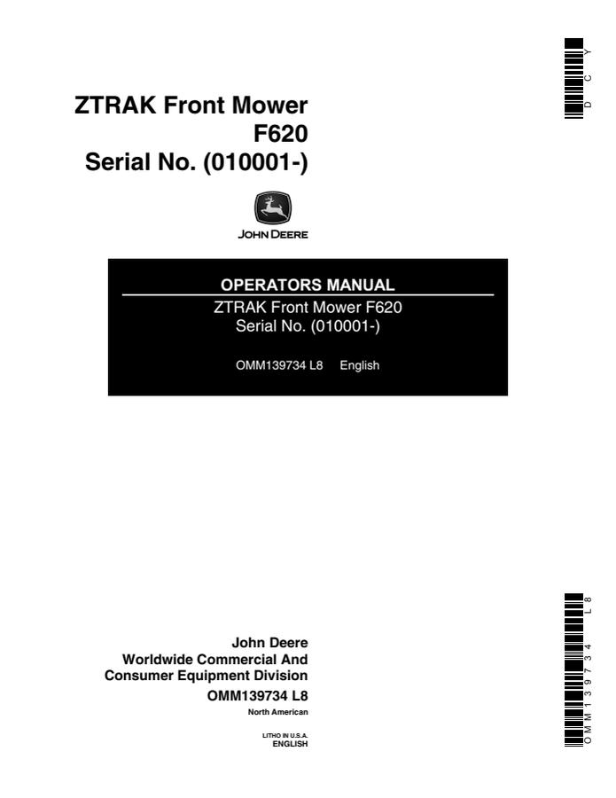 John Deere F620 ZTrak Front mower Operator manual OMM139734 — actual manual cover