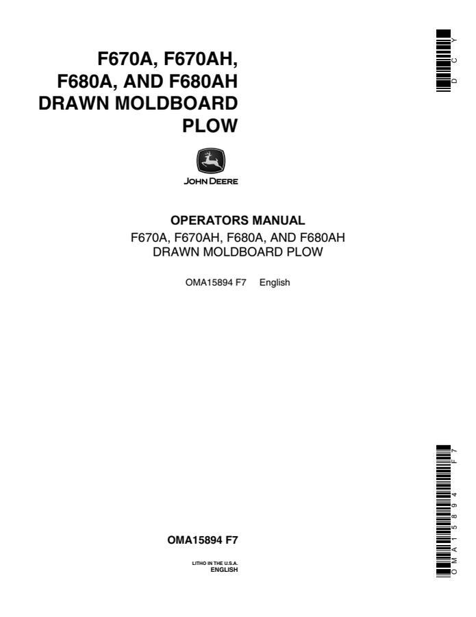 John Deere F670A; F670AH; F680A; F680AH Moldboard plow Operator manual OMA15894 — actual manual cover