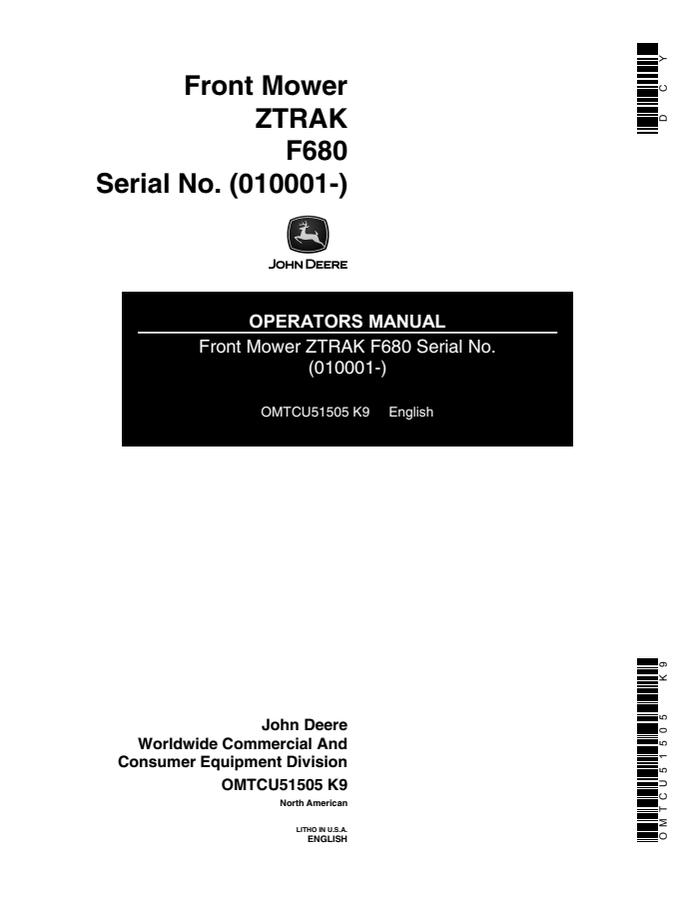 John Deere F680 ZTrak Front mower Operator manual OMTCU51505 — actual manual cover