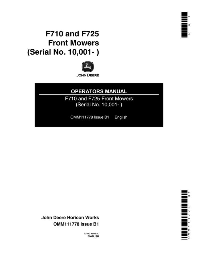 John Deere F710; F725 Front mower Operator manual OMM111778 — actual manual cover