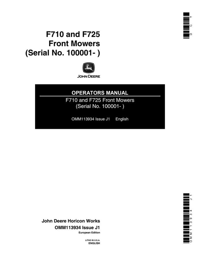 John Deere F710; F725 Front mower Operator manual OMM113934 — actual manual cover