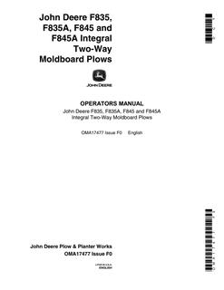 John Deere F835; F835A; F845; F845A Moldboard plow Operator manual OMA17477 — actual manual cover