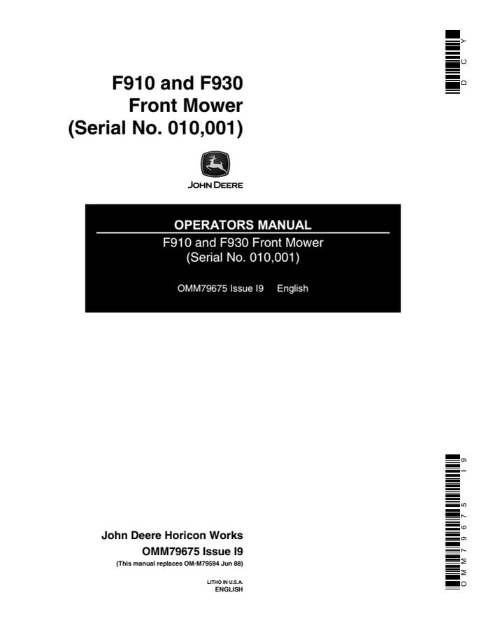 John Deere F910; F930 Front mower Operator manual OMM79675 — actual manual cover