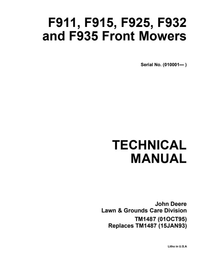 John Deere F911, F915, F925, F932, F935 Front Mower Technical Manual TM1487 — actual manual cover