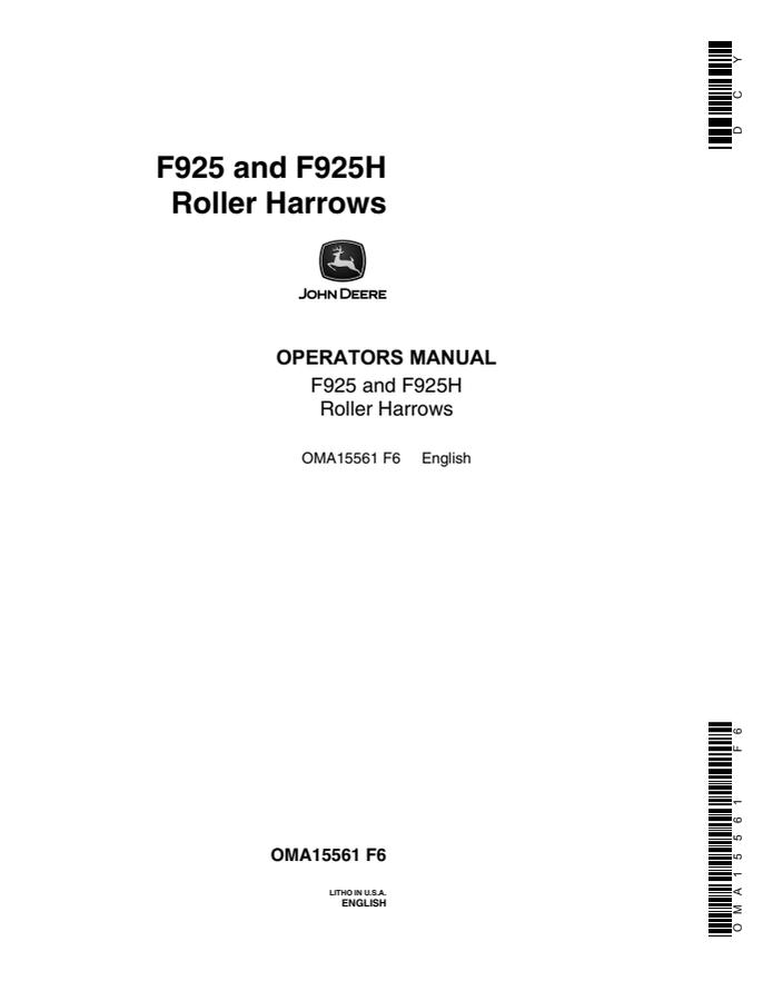 John Deere F925; F925H Roller harrow Operator manual OMA15561 — actual manual cover
