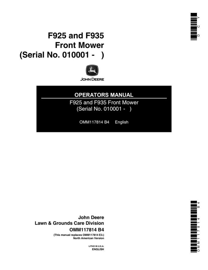 John Deere F925; F935 Front mower Operator manual OMM117814 — actual manual cover