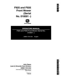 John Deere F925; F935 Front mower Operator manual OMM117815 — actual manual cover