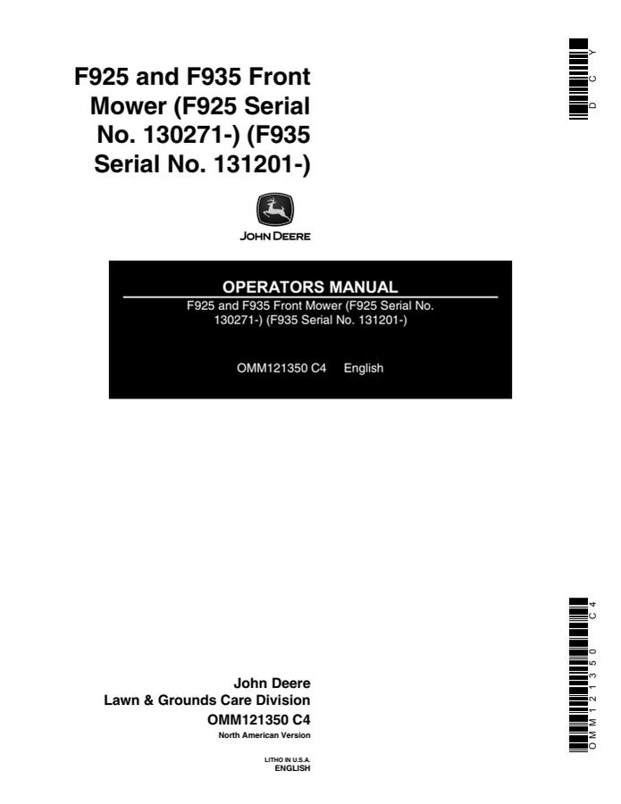 John Deere F925; F935 Front mower Operator manual OMM121350 — actual manual cover