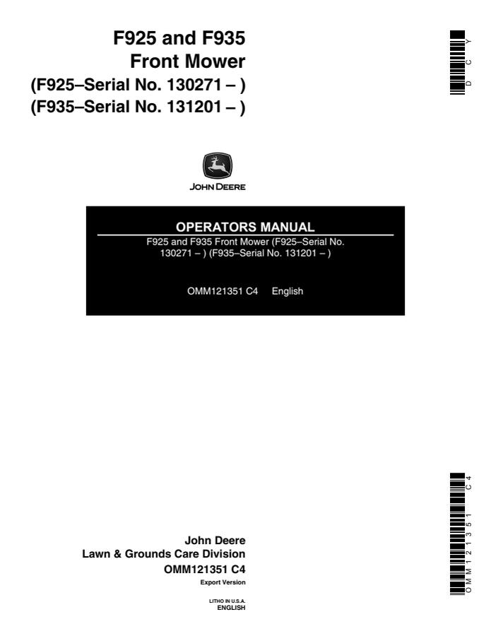 John Deere F925; F935 Front mower Operator manual OMM121351 — actual manual cover