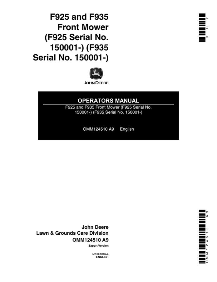 John Deere F925; F935 Front mower Operator manual OMM124510 — actual manual cover