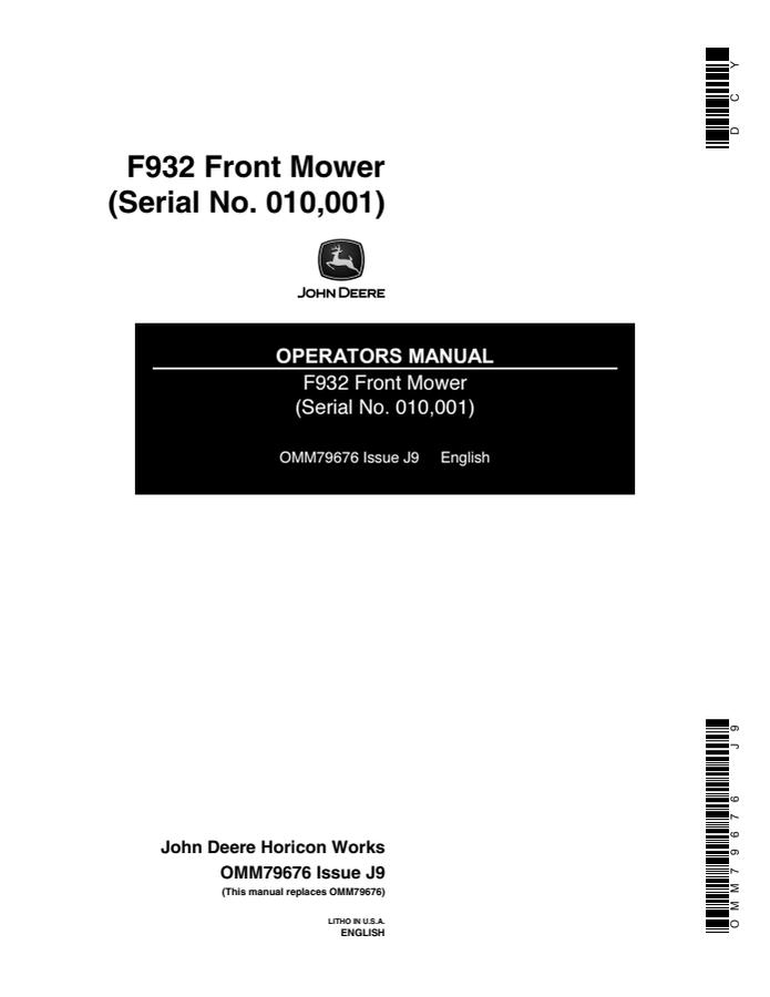 John Deere F932 Front mower Operator manual OMM79676 — actual manual cover