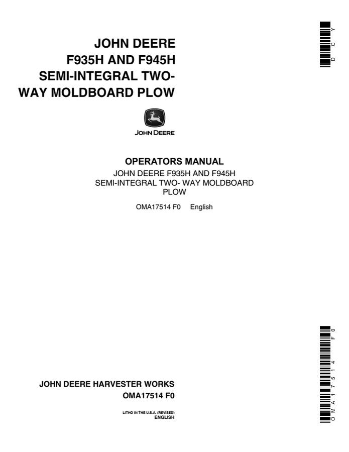 John Deere F935H, F945H Semi-Integral Two-Way Moldboard plow Operator's manual OMA17514 — actual manual cover