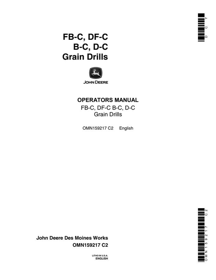 John Deere FB-C; DF-C; B-C; D-C Grain drill Operator manual OMN159217 — actual manual cover