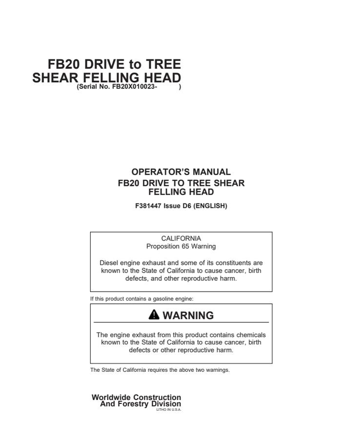 John Deere FB20 Felling head Operator manual F381447 — actual manual cover