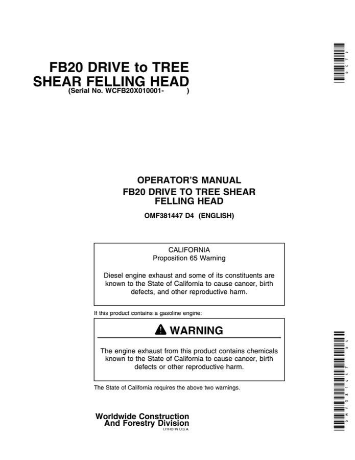 John Deere FB20 Felling head Operator manual OMF381447 — actual manual cover