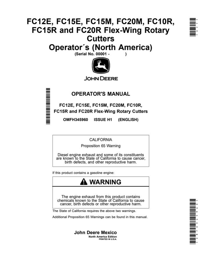 John Deere FC12E, FC15E, FC15M, FC20M, FC10R, FC15R, FC20R Flex-wing rotary cutter Operator manual OMFH345960 — actual manual cover
