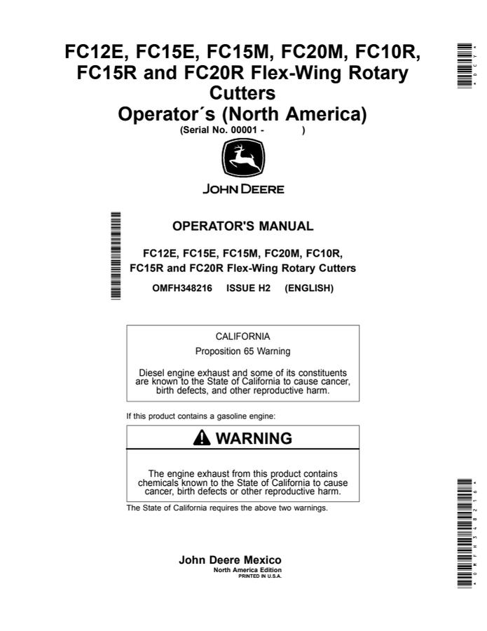 John Deere FC12E; FC15E; FC15M; FC20M; FC10R; FC15R; FC20R Rotary cutter Operator manual OMFH348216 — actual manual cover