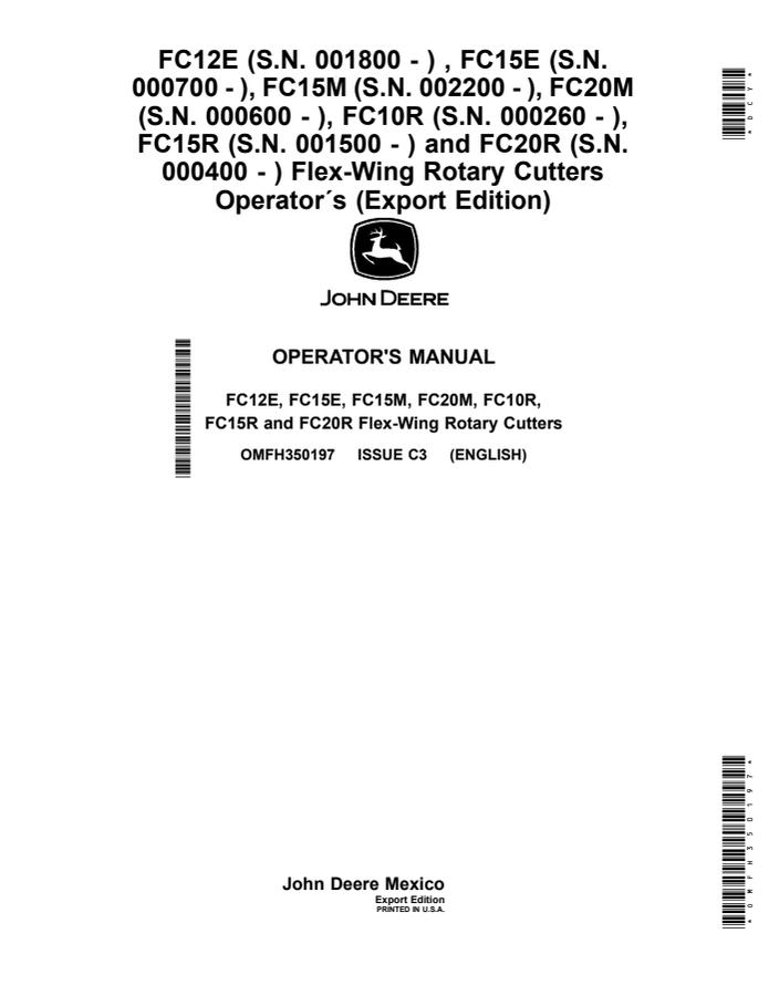 John Deere FC12E; FC15E; FC15M; FC20M; FC10R; FC15R; FC20R Rotary cutter Operator manual OMFH350197 — actual manual cover