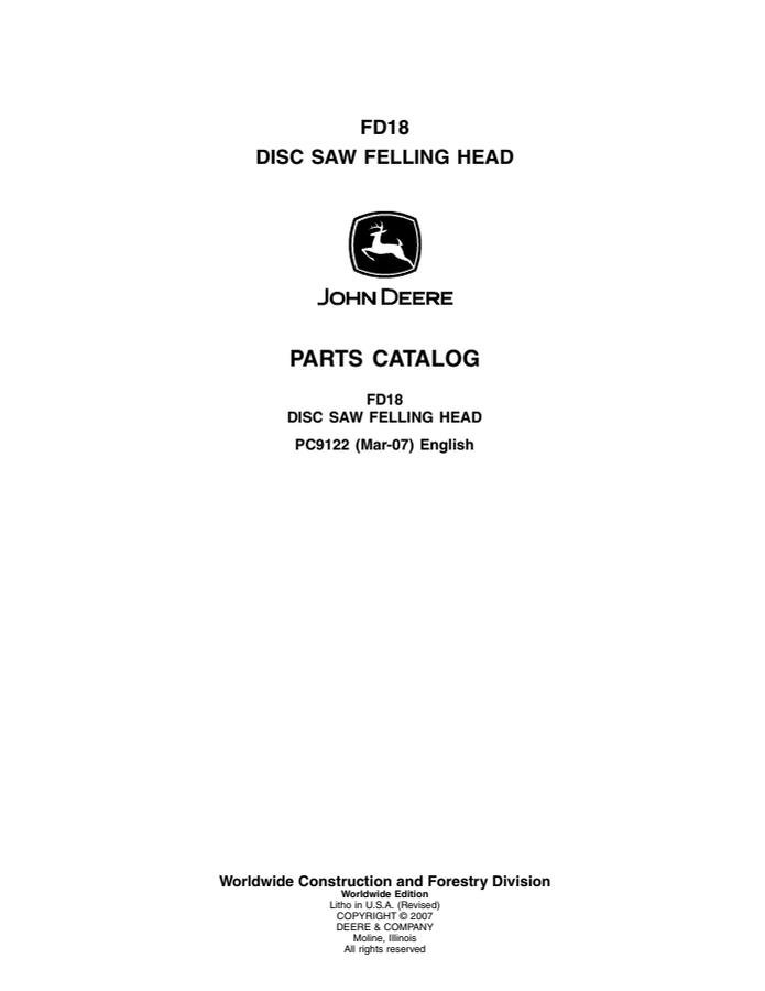 John Deere FD18 Disc Saw Felling head Parts catalog PC9122 — actual manual cover