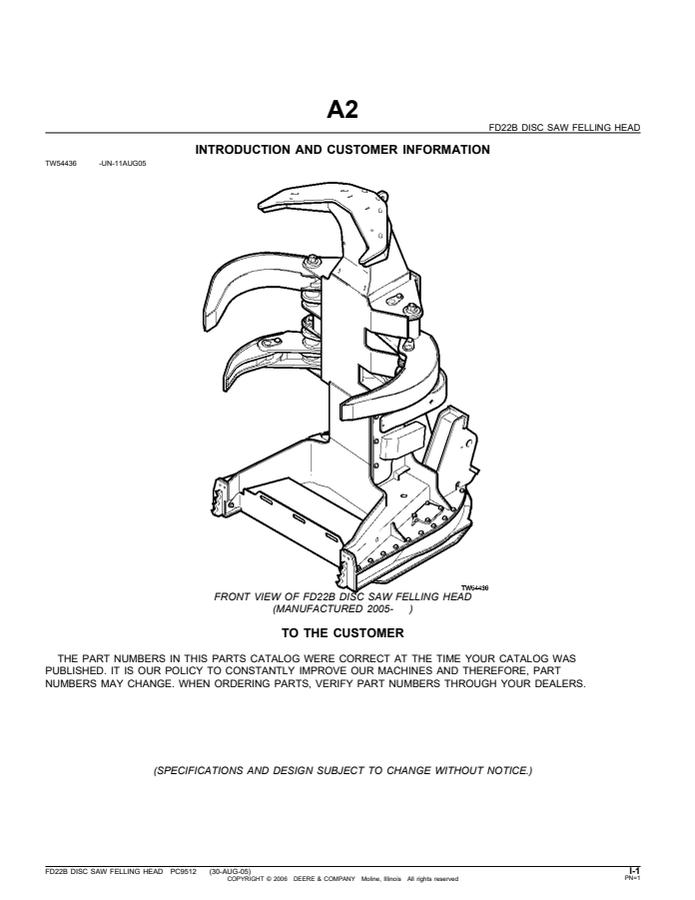 John Deere FD22B Felling head Parts catalog PC9512 — actual manual cover