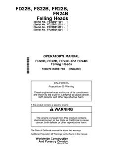 John Deere FD22B; FS22B; FR22B; FR24B Felling head Operator manual F393279 — actual manual cover