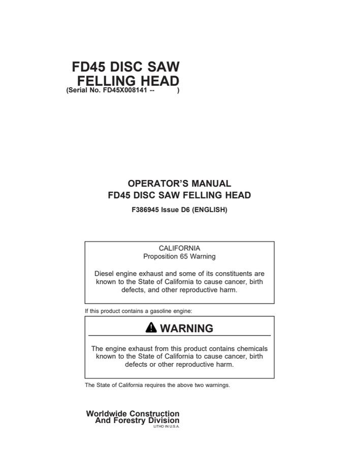 John Deere FD45 Felling head Operator manual F386945 — actual manual cover