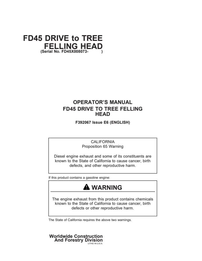 John Deere FD45 Felling head Operator manual F392067 — actual manual cover