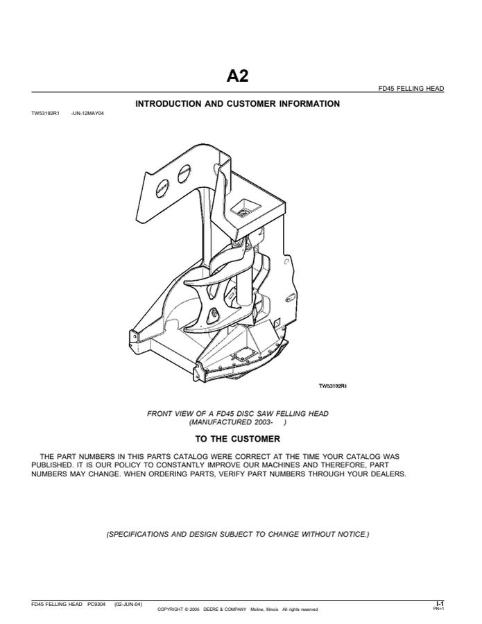 John Deere FD45 Felling head Parts catalog PC9304 — actual manual cover