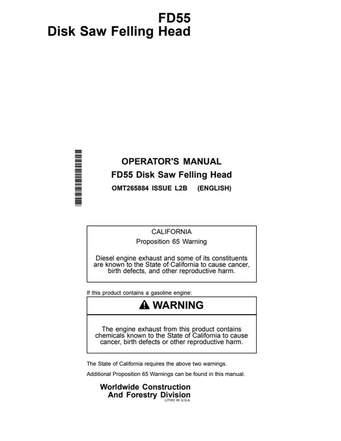 John Deere FD55 Felling head Operator manual OMT265884 — actual manual cover
