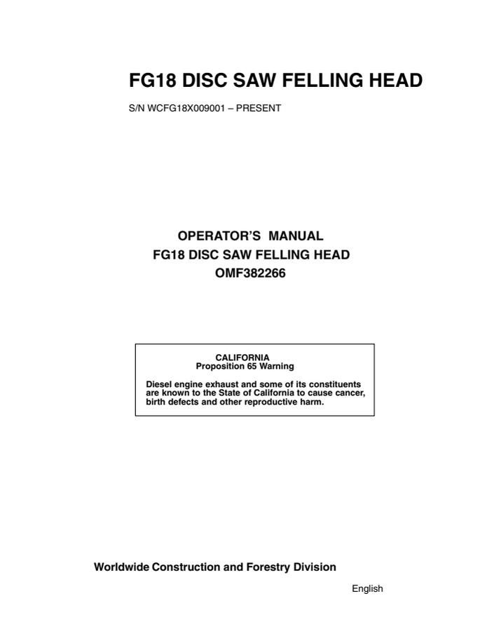 John Deere FG18 Felling head Operator manual OMF382266 — actual manual cover