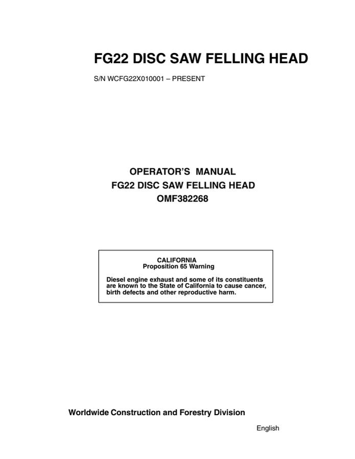John Deere FG22 Felling head Operator manual OMF382268 — actual manual cover