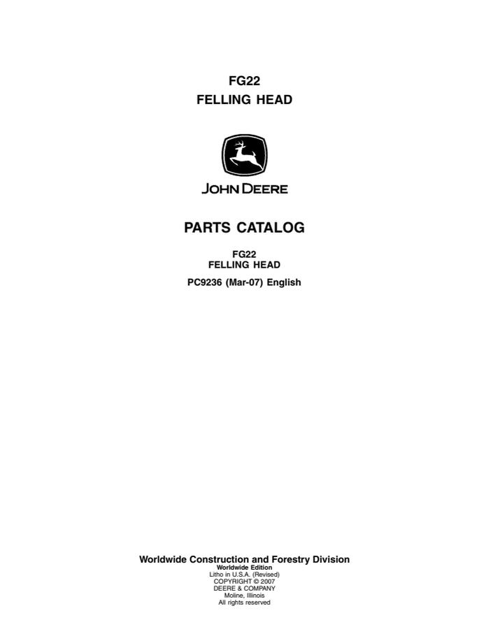 John Deere FG22 Felling head Parts catalog PC9236 — actual manual cover