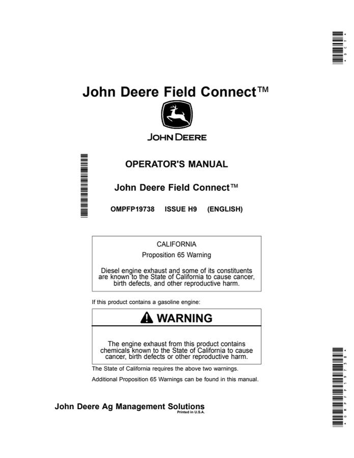 John Deere Field Connect Field monitoring system Operator manual OMPFP19738 — actual manual cover