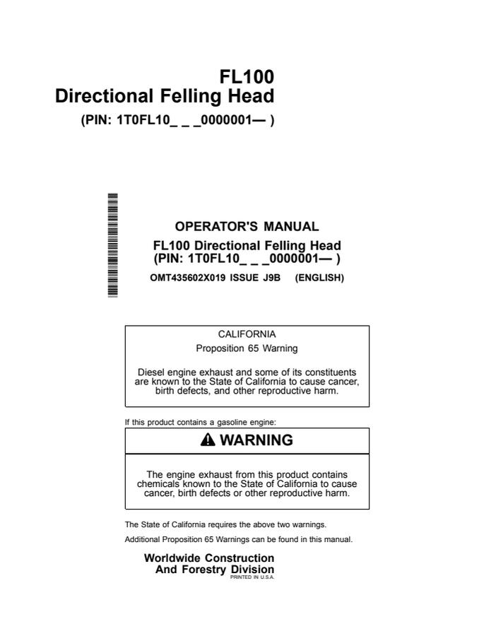 John Deere FL100 Felling head Operator manual OMT435602X019 — actual manual cover