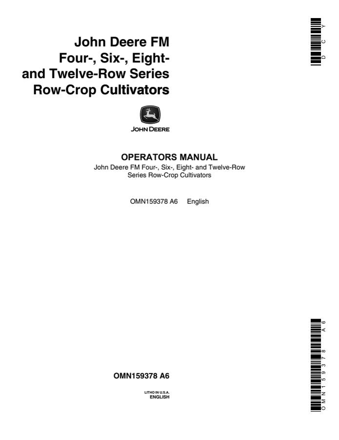 John Deere FM 4-row; 6-row; 8-row; 12-row Row-crop cultivator Operator manual OMN159378 — actual manual cover