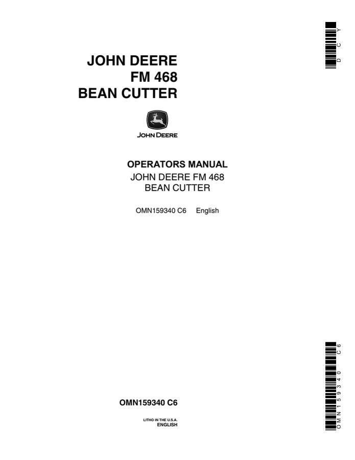John Deere FM 468 Bean cutter Operator manual OMN159340 — actual manual cover
