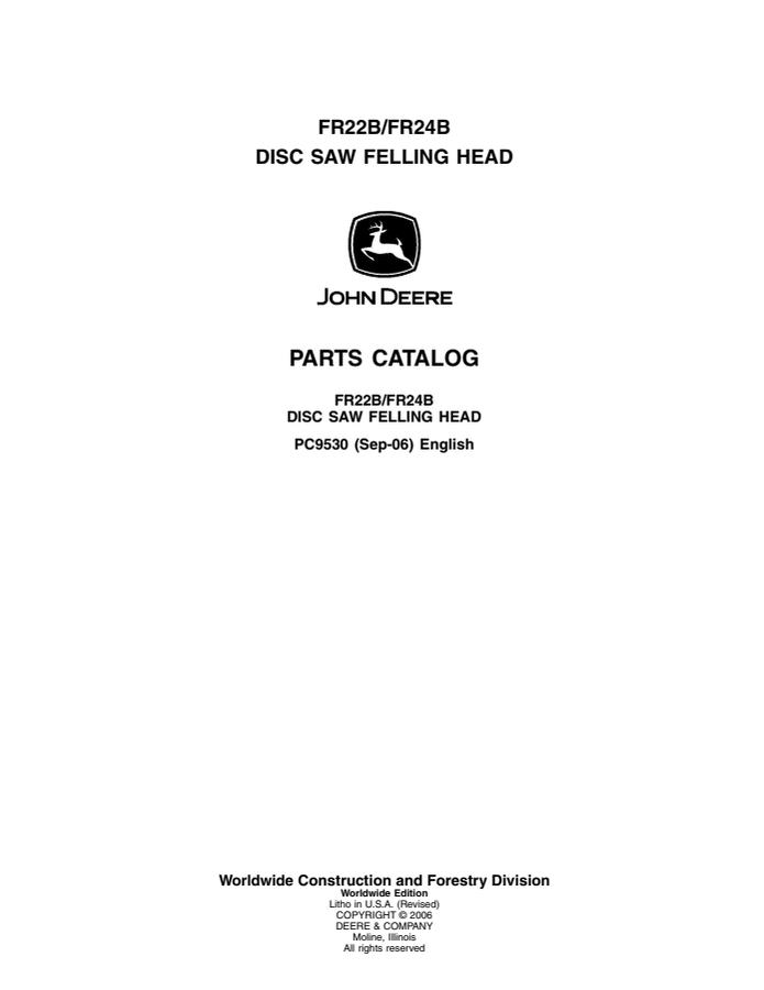 John Deere FR22B, FR24B Felling head Parts catalog PC9530 — actual manual cover