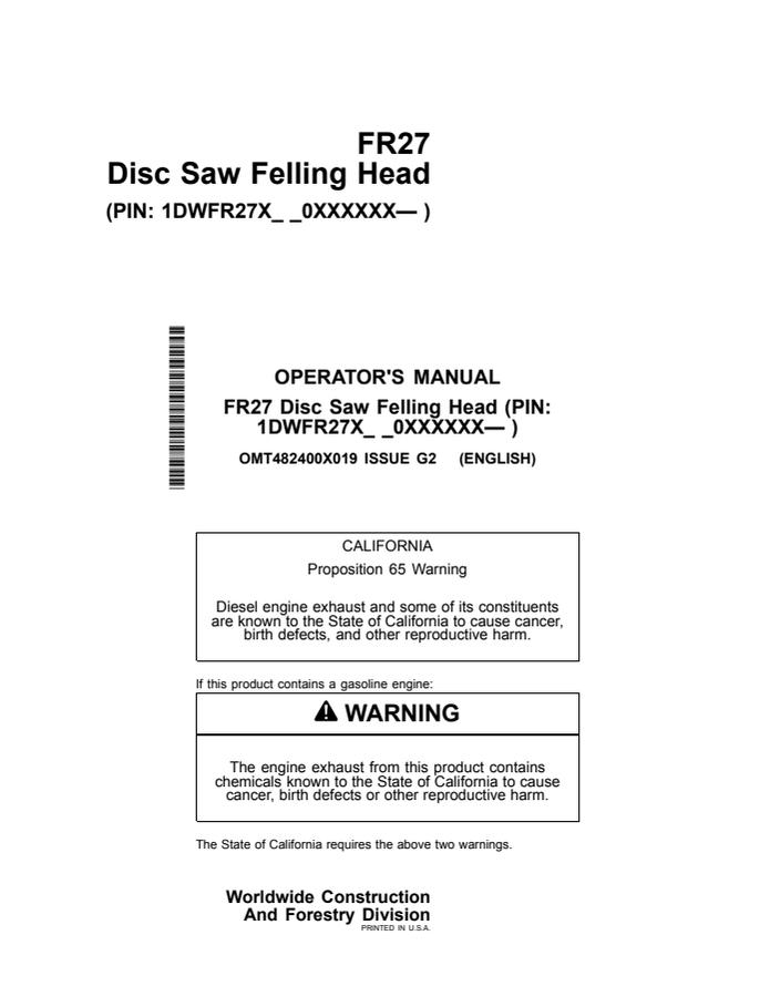 John Deere FR27 Felling head Operator manual OMT482400X019 — actual manual cover