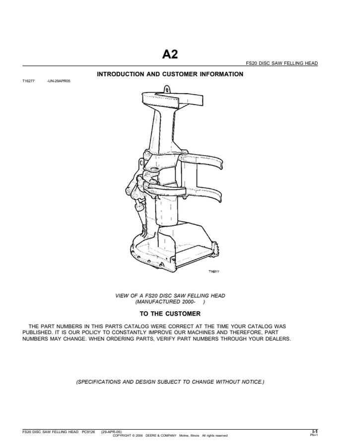 John Deere FS20 Felling head Parts catalog PC9126 — actual manual cover