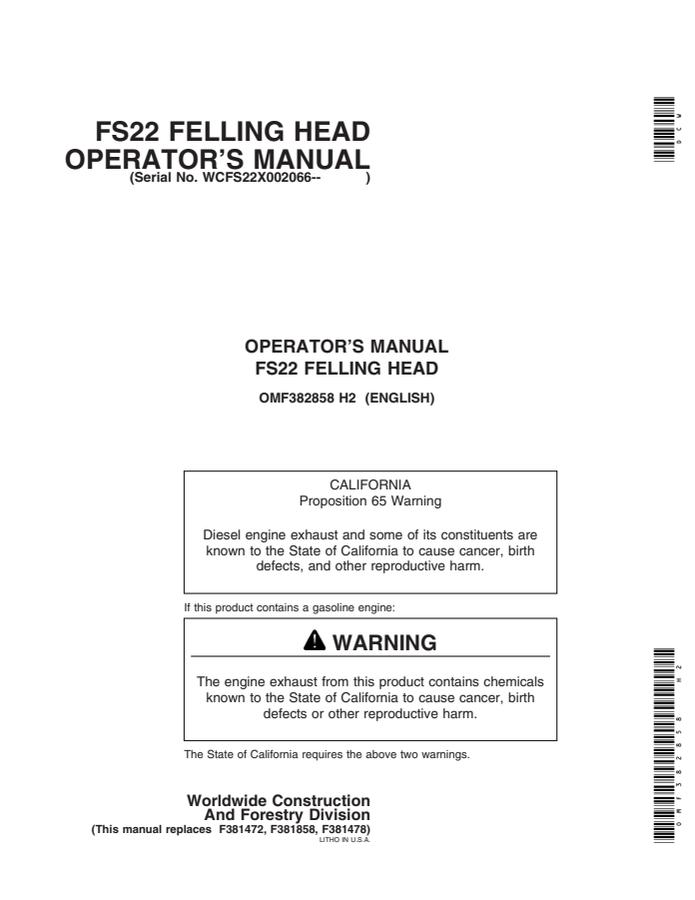 John Deere FS22 Felling head Operator manual OMF382858 — actual manual cover