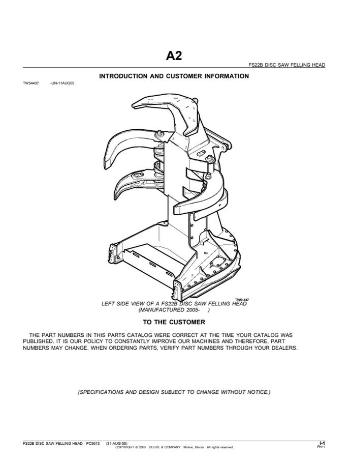 John Deere FS22B Disc Saw Felling Head, manufactured 2005 and later Felling head Parts catalog PC9513 — actual manual cover