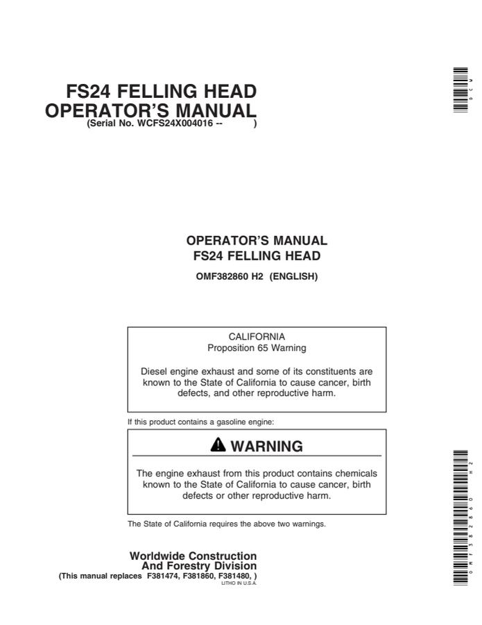 John Deere FS24 Felling head Operator manual OMF382860 — actual manual cover